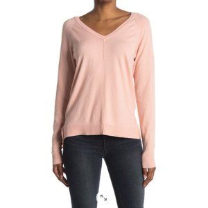 NEW Bobeau Nordstrom V-neck Striped Long Sleeves Knit Jumper Sweater Pink Blush